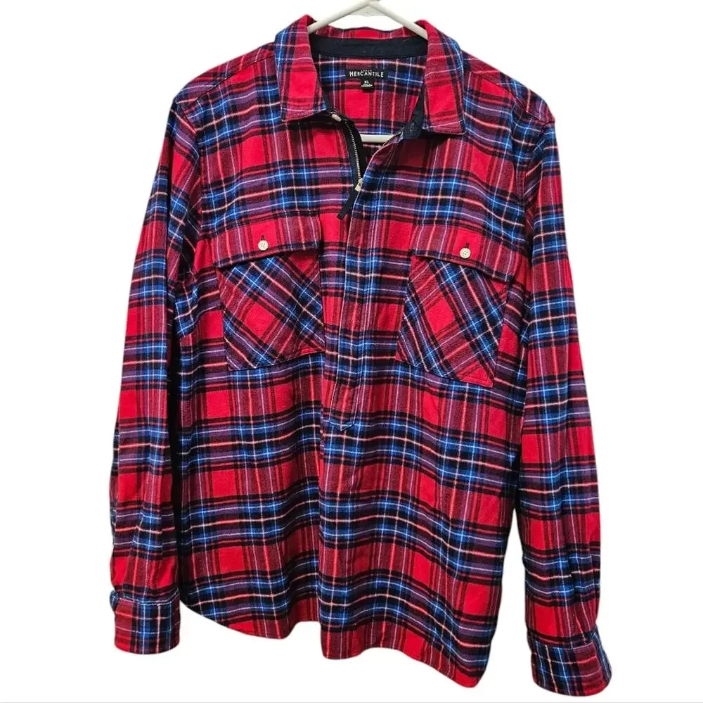 Men's Long sleeved red plaid shirt Half zip size XL